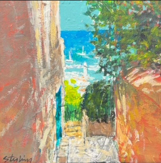 SYDNI STERLING - Above the Harbor-Hydra Island - Greece, original acrylic on canvas, 4”Wx 4”H (framed)