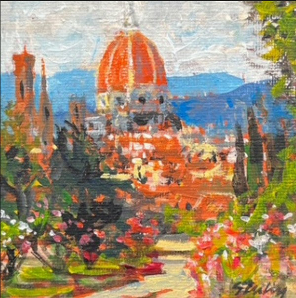 SYDNI STERLING - The Duomo from the Rose Garden -  Florence, original acrylic on canvas, 4”Wx 4”H (framed)