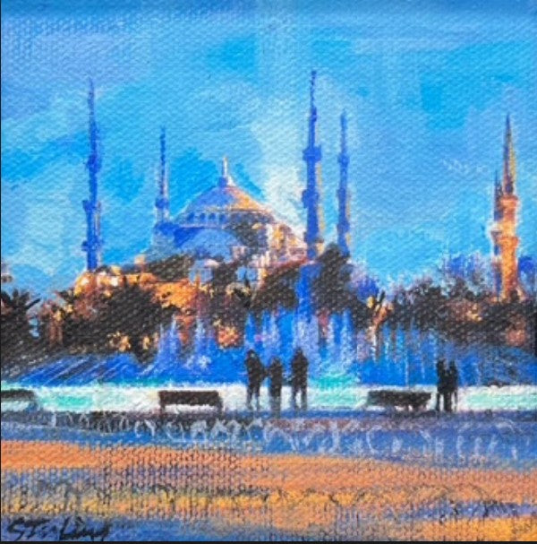 SYDNI STERLING - The Blue Mosque-Istanbul, original acrylic on canvas, 4”Wx4”H (framed)