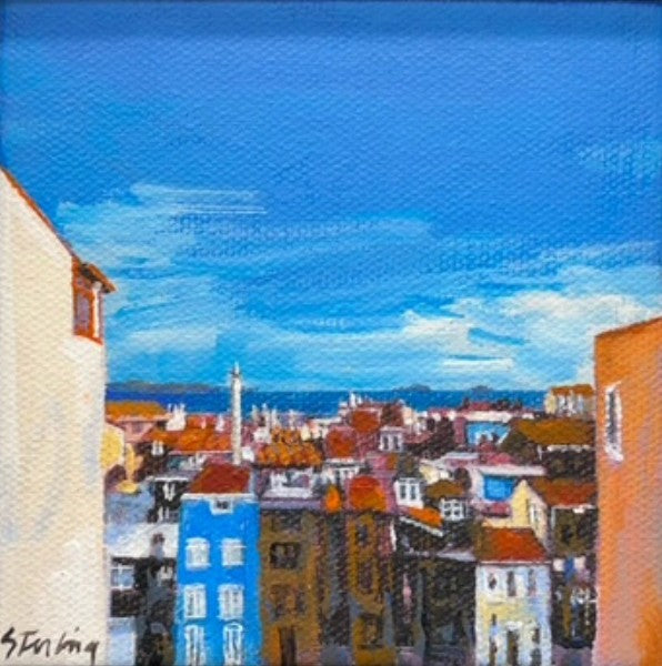 SYDNI STERLING - Traditional Yali Houses-Istanbul, original acrylic on canvas, 4”Wx 4”H (framed)