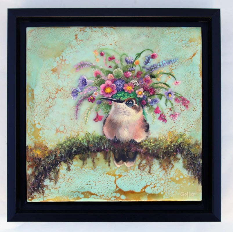 CARRIE GOLLER - Colette, Floriferous Hummingbird, Oil 8x8 (framed)  ***At Jones and Terwilliger Galleries, Palm Desert, CA please inquire at (760) 674-8989***