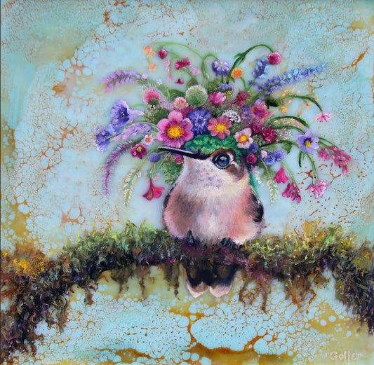 CARRIE GOLLER - Colette, Floriferous Hummingbird, Oil 8x8 (framed)  ***At Jones and Terwilliger Galleries, Palm Desert, CA please inquire at (760) 674-8989***