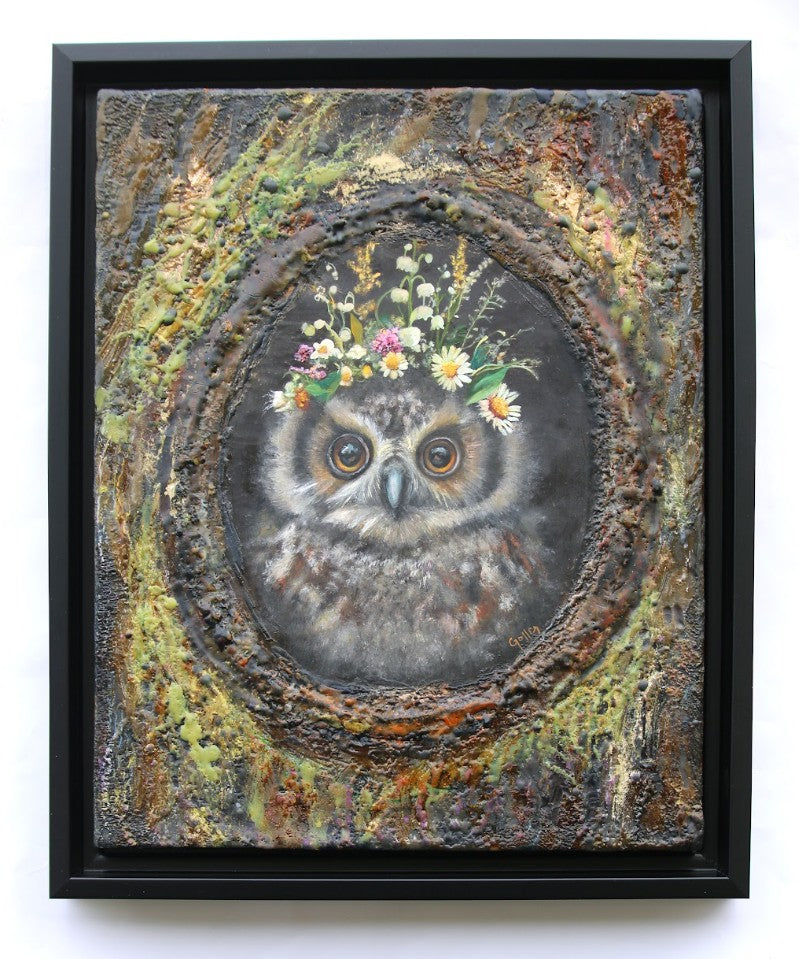 Prints available, original ***SOLD*** CARRIE GOLLER - Orion (Floriferous Owl), mixed media – oil/encaustic, 11" x 14" ***At Abend Gallery, Denver, CO please inquire at (303) 355-0950***