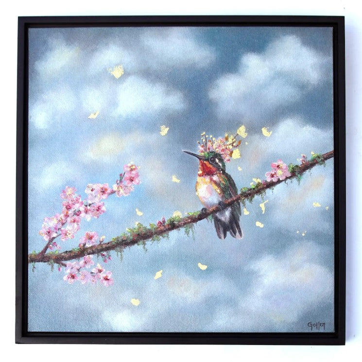 CARRIE GOLLER -  Above the Orchard, Floriferous collection (Hummingbird), Oil/23 K Gold on Canvas panel 12" x 12" ***At Jones & Terwilliger Galleries, Carmel, CA please inquire at (831) 626-9100***