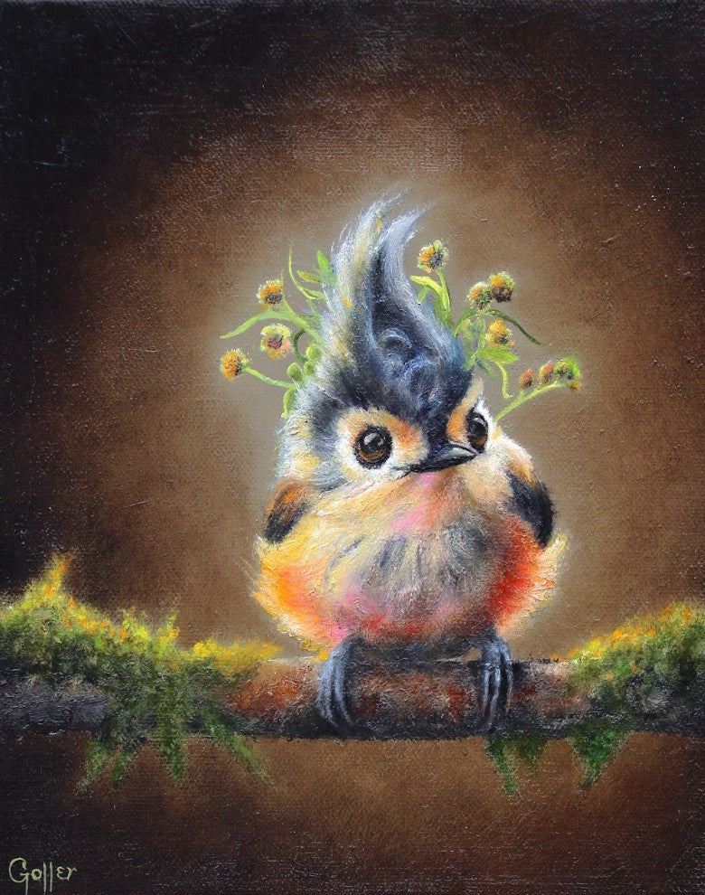 CARRIE GOLLER - Pippin (Floriferous Tufted Titmouse) – oil 8"x 10"  ***At Abend Gallery, Denver, CO please inquire at (303) 355-0950*** AT "ANIMALIA VI"