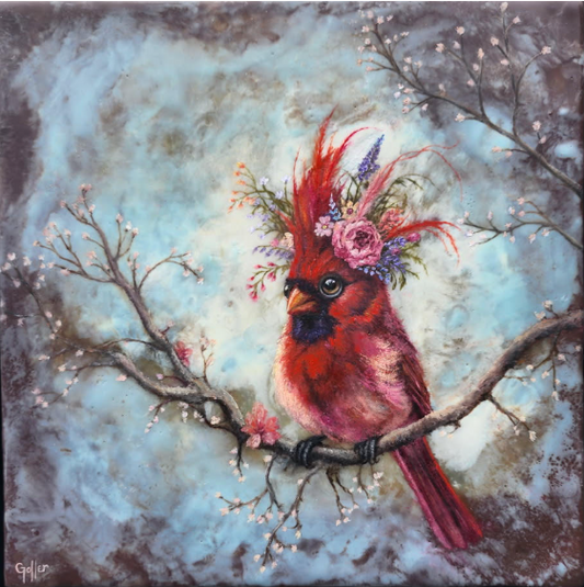 CARRIE GOLLER - Scarlett (Floriferous Cardinal), Mixed Media - Oil/Encaustic 10"x 10"