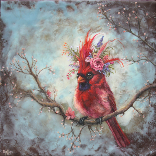 CARRIE GOLLER - Scarlett (Floriferous Cardinal), Mixed Media - Oil/Encaustic 10"x 10"