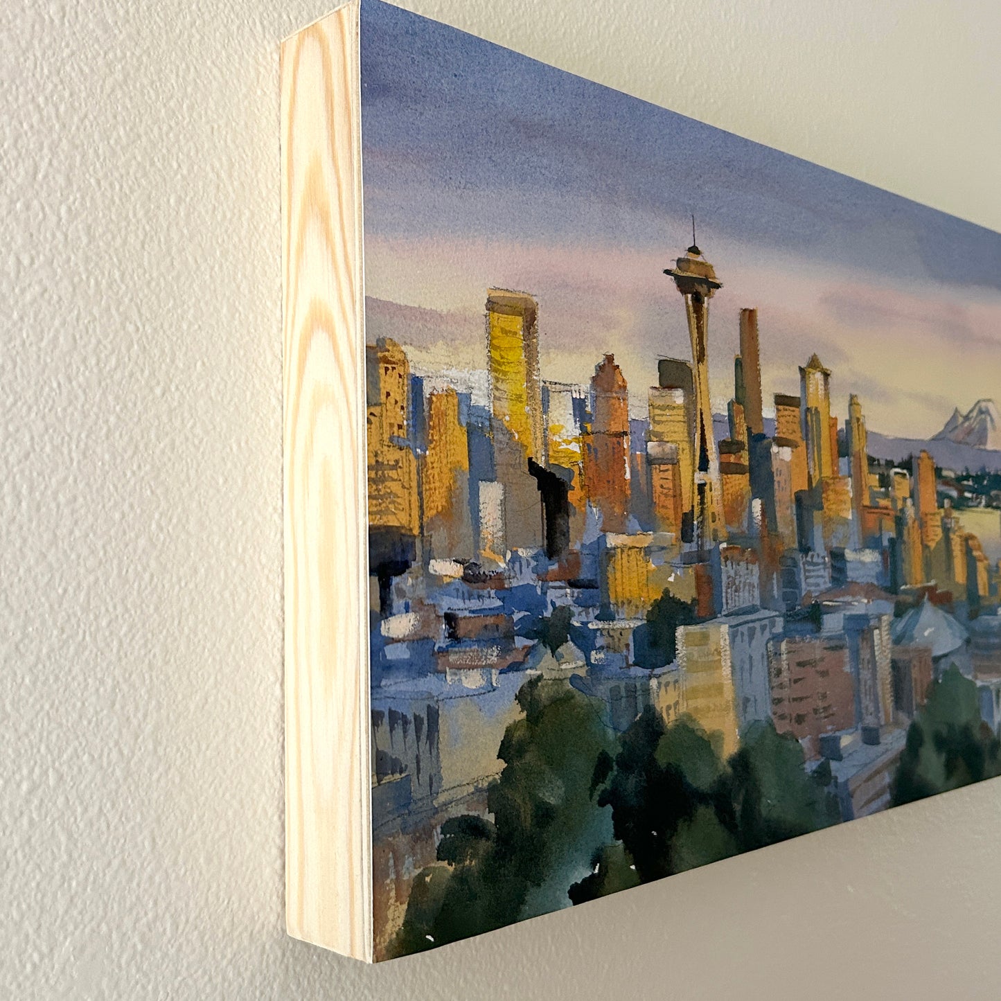 Ina Xi - Seattle Sunset, Watercolor paper on wood canvas, 20x10x1.5