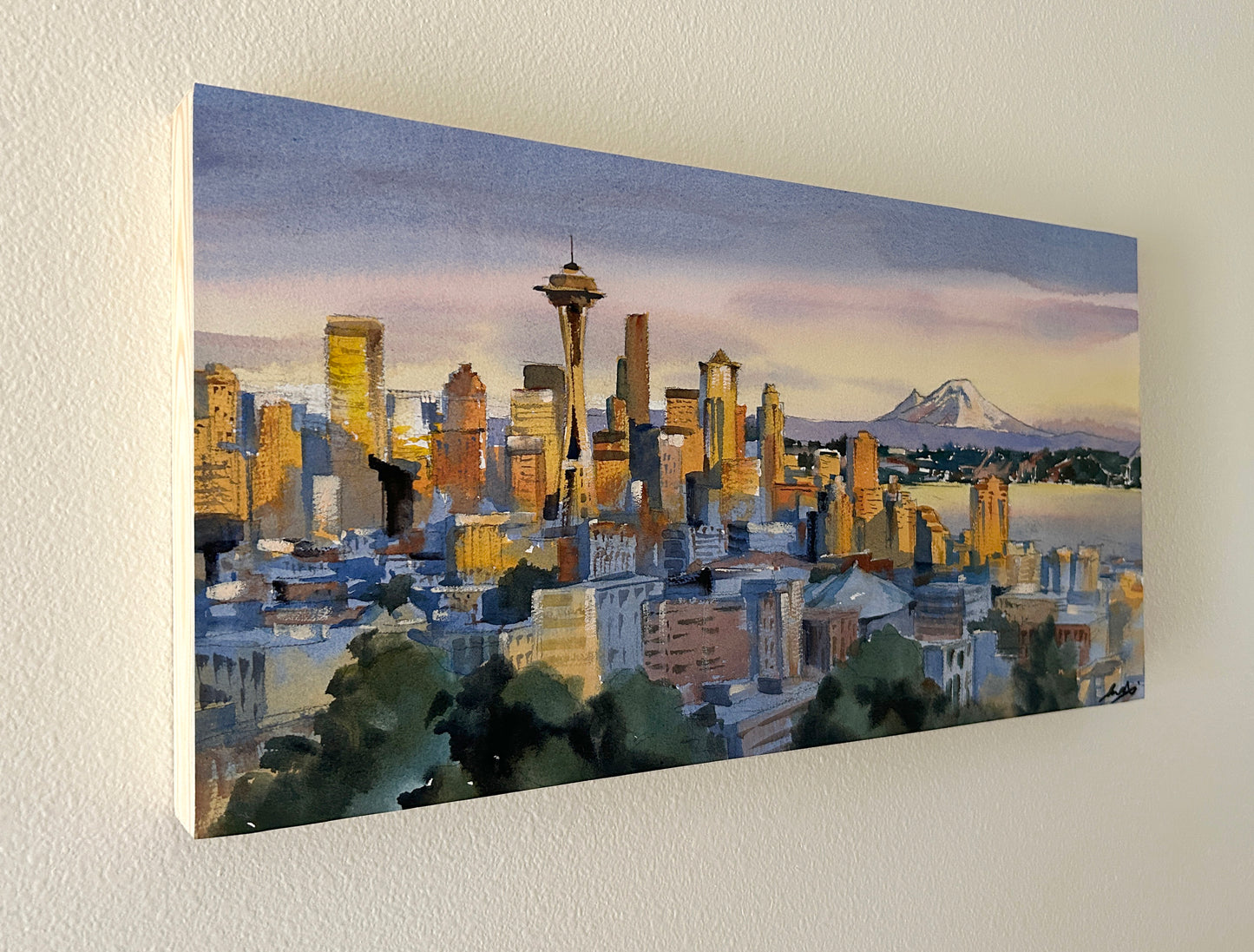Ina Xi - Seattle Sunset, Watercolor paper on wood canvas, 20x10x1.5