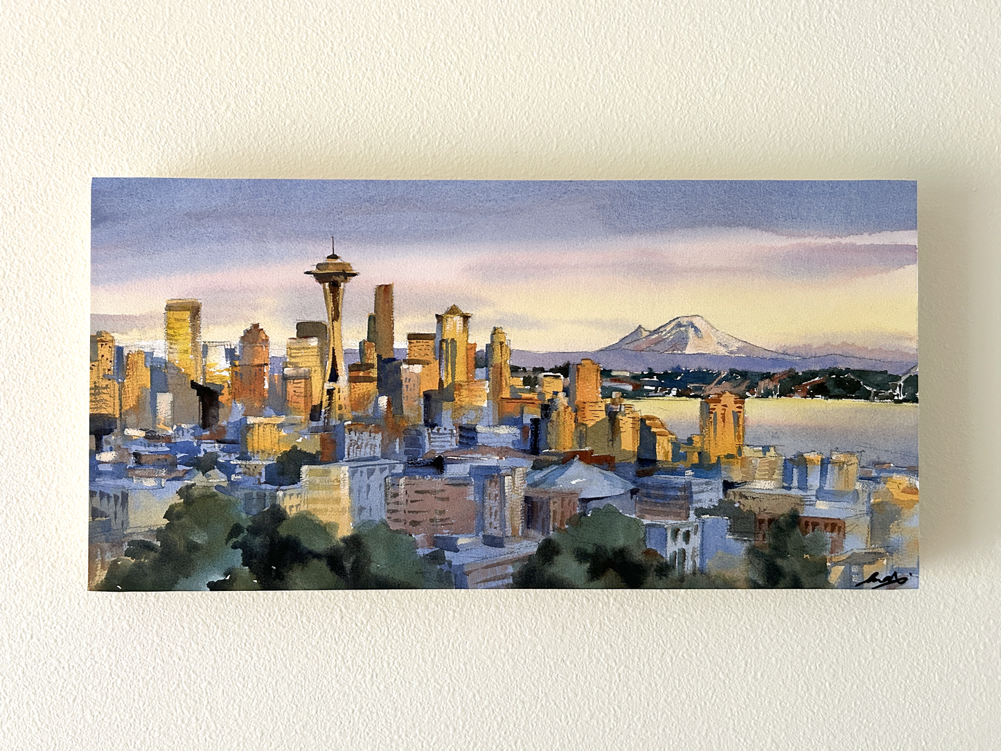 Ina Xi - Seattle Sunset, Watercolor paper on wood canvas, 20x10x1.5