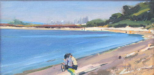 ***SOLD, Prints available*** ROBIN WEISS - Seattle View from Eagle Harbor (Bainbridge island, WA) - Oil - 6x12