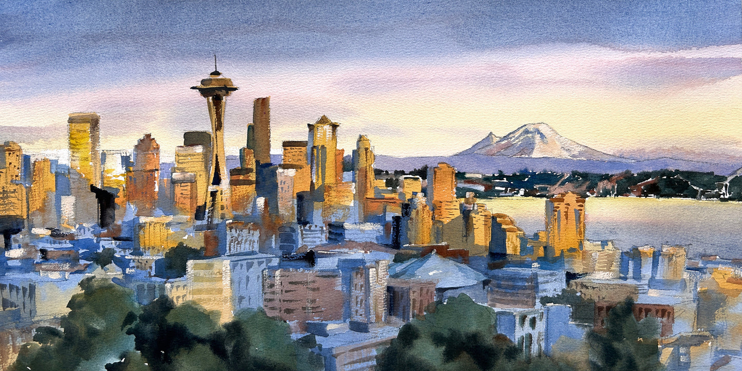 Ina Xi - Seattle Sunset, Watercolor paper on wood canvas, 20x10x1.5