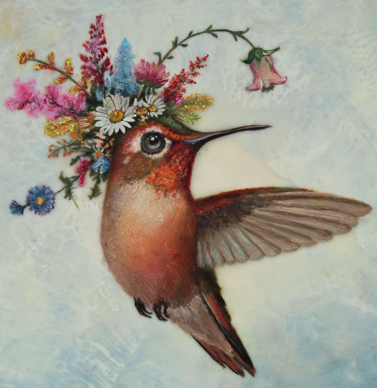 CARRIE GOLLER - Shirley, Floriferous collection (hummingbird) 8 x 8 Mixed Media – Oil/Encaustic ***At Jones & Terwilliger Galleries, Carmel, CA please inquire at (831) 626-9100***