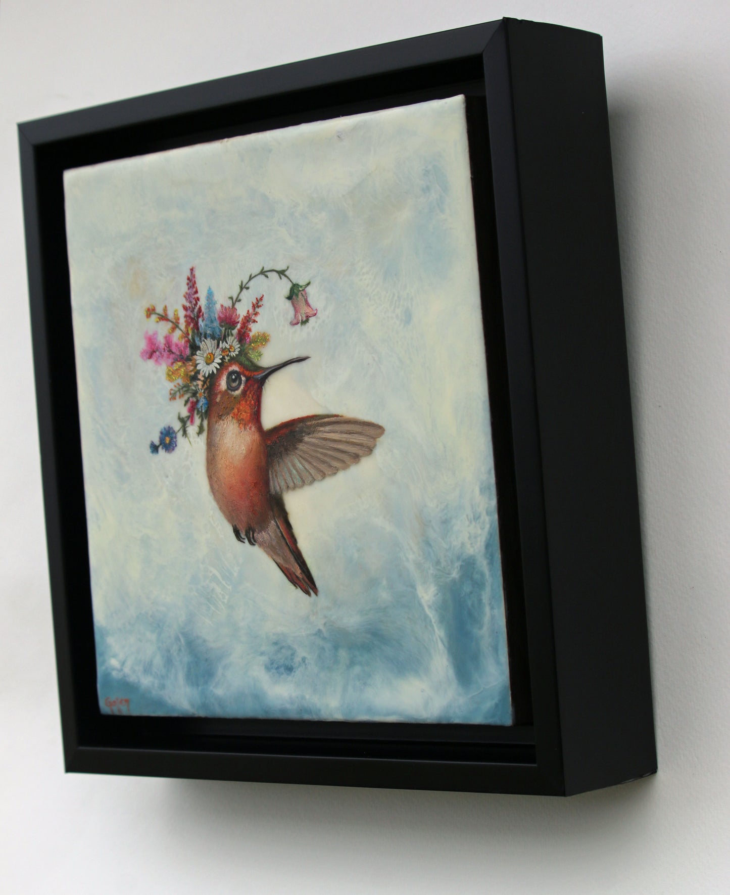 CARRIE GOLLER - Shirley, Floriferous collection (hummingbird) 8 x 8 Mixed Media – Oil/Encaustic ***At Jones & Terwilliger Galleries, Carmel, CA please inquire at (831) 626-9100***