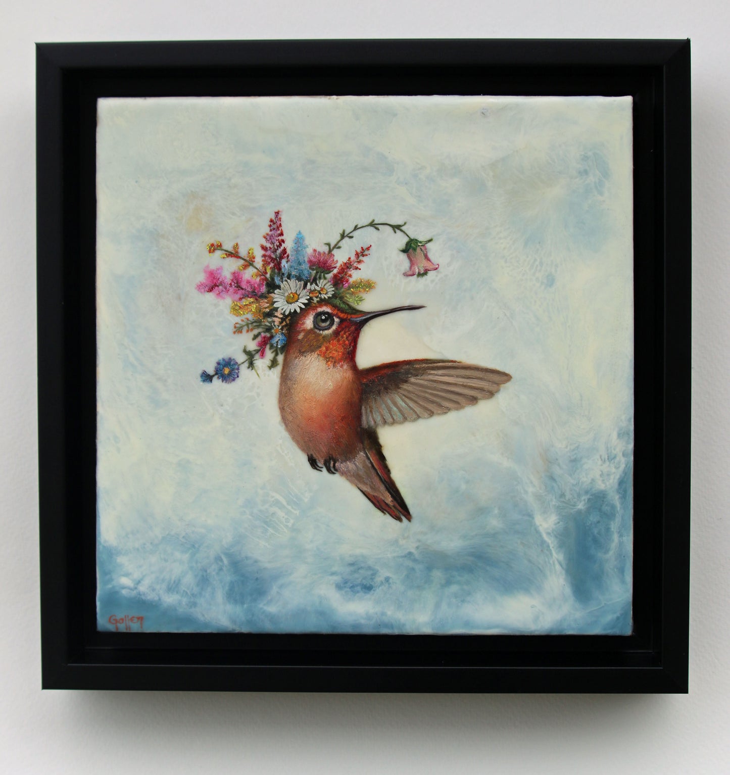 CARRIE GOLLER - Shirley, Floriferous collection (hummingbird) 8 x 8 Mixed Media – Oil/Encaustic ***At Jones & Terwilliger Galleries, Carmel, CA please inquire at (831) 626-9100***
