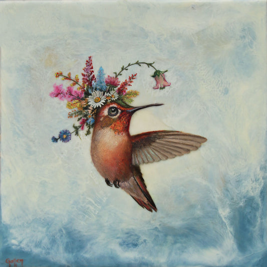 CARRIE GOLLER - Shirley, Floriferous collection (hummingbird) 8 x 8 Mixed Media – Oil/Encaustic