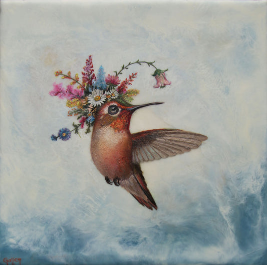 CARRIE GOLLER - Shirley, Floriferous collection (hummingbird) 8 x 8 Mixed Media – Oil/Encaustic