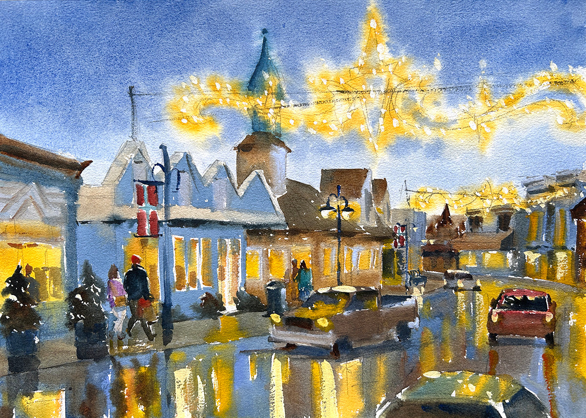 Ina Xi - Shops on Front St No.3, Original Watercolor, 13x17(framed)