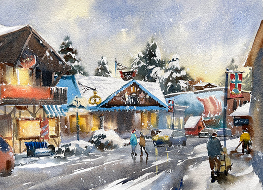 Ina Xi - Shops on Front St No.5, Original Watercolor, 17x13 (framed)