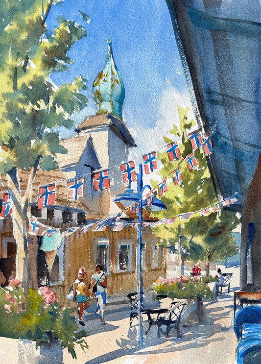 Ina Xi - Shops on Front Street No.8, original watercolor, 13x17 (framed)
