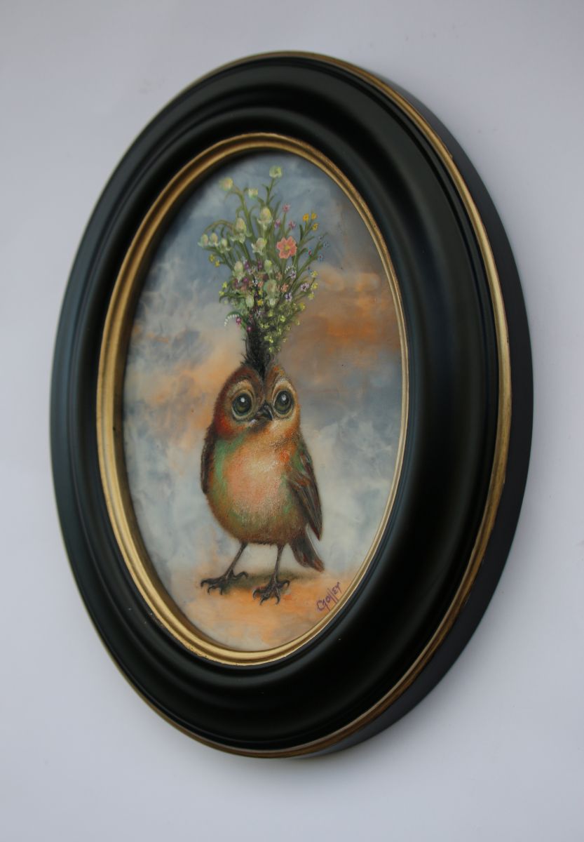 CARRIE GOLLER -  Signe (Floriferous Bird), Original Oil/Encaustic Mixed Media, 7x5 ***At Rehs Contemporary Galleries, NYC; please inquire at (212) 355-5710***