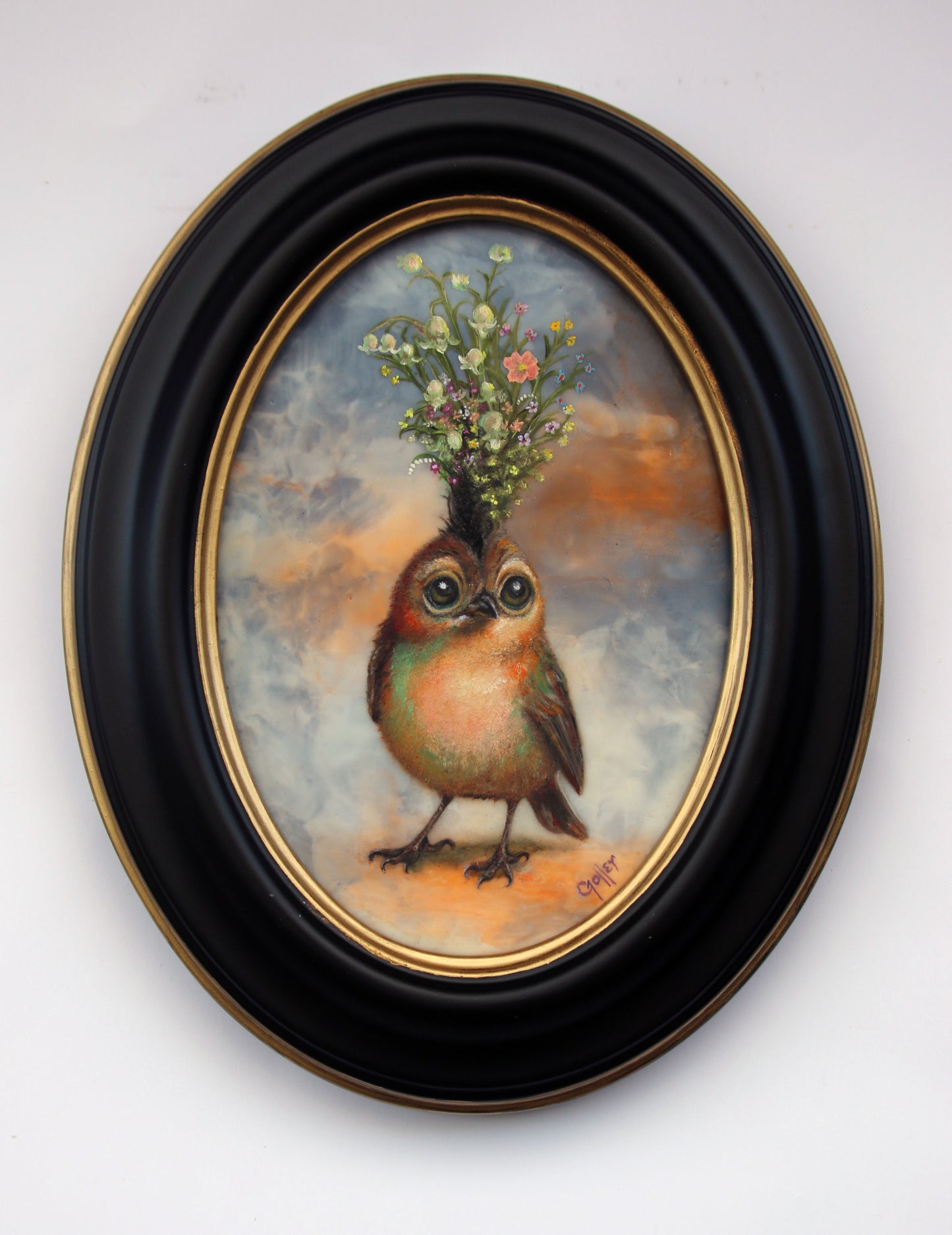 Prints available, original ***SOLD*** CARRIE GOLLER -  Signe (Floriferous Bird), Original Oil/Encaustic Mixed Media, 7x5 ***At Rehs Contemporary Galleries, NYC; please inquire at (212) 355-5710***