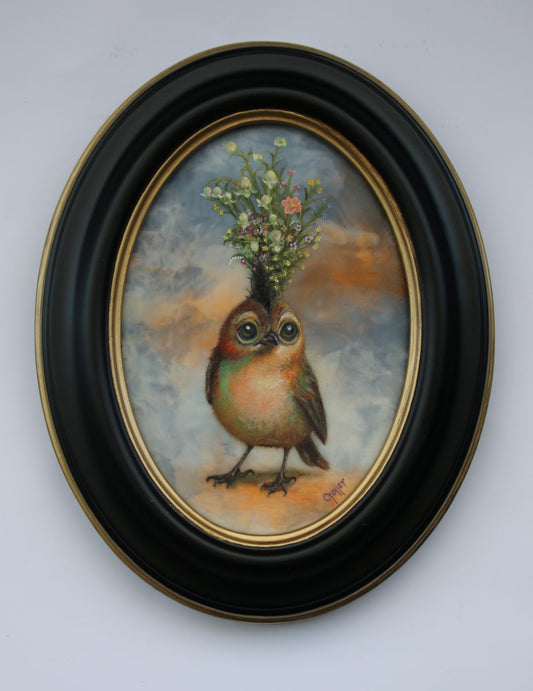 CARRIE GOLLER -  Signe (Floriferous Bird), Original Oil/Encaustic Mixed Media, 7x5 ***At Rehs Contemporary Galleries, NYC; please inquire at (212) 355-5710***