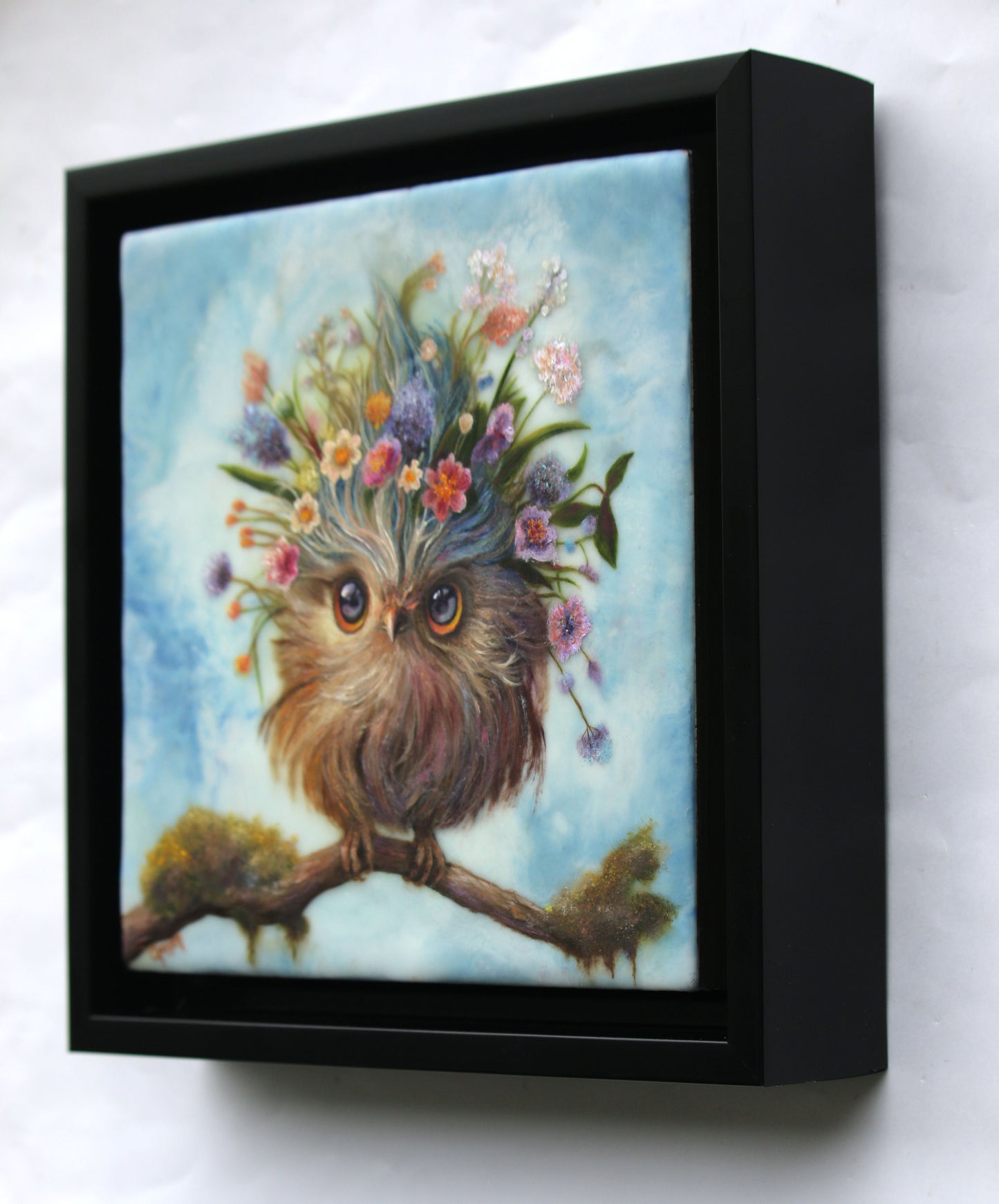 Prints available, original ***SOLD*** CARRIE GOLLER -  Smokey, Floriferous Wowl, Original Oil and encaustic 8"x8" *** Available at Signet Contemporary Art, London for AAF Austin, TX***