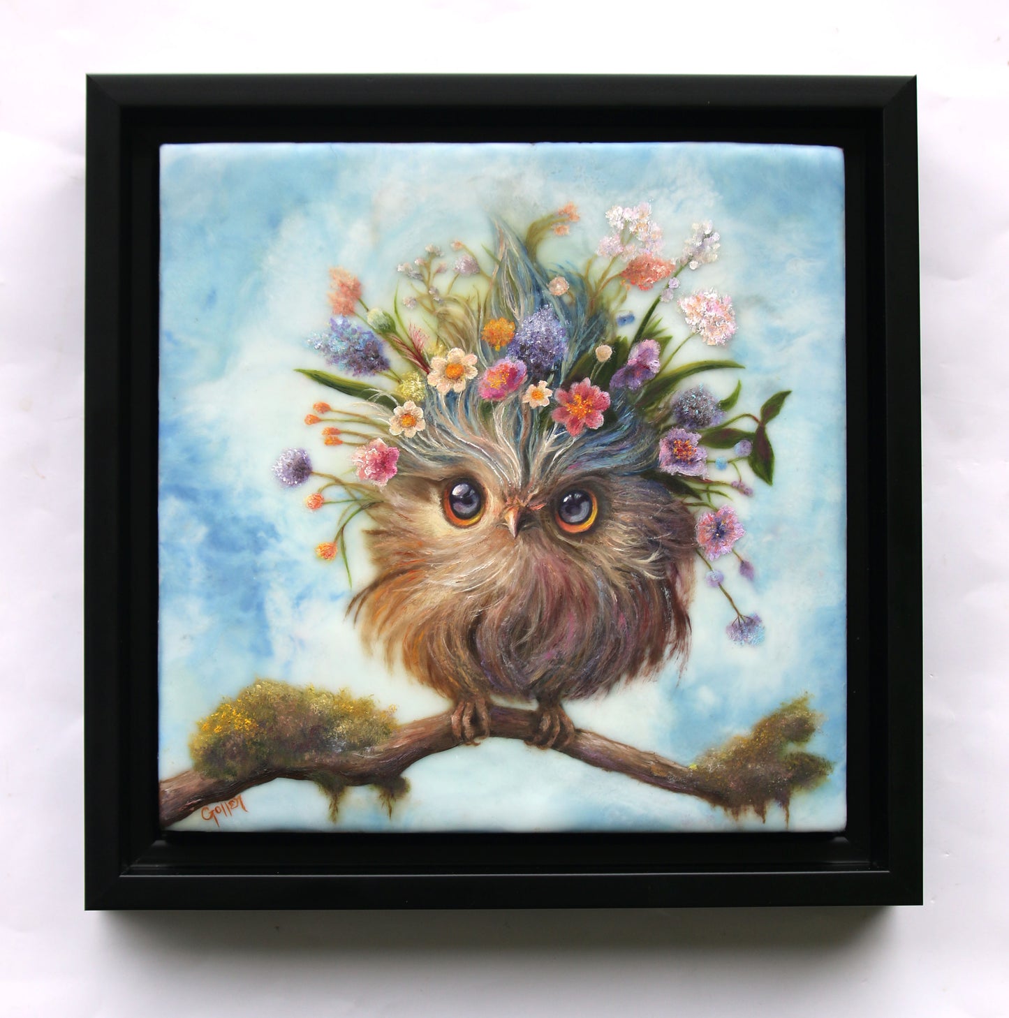 Prints available, original ***SOLD*** CARRIE GOLLER -  Smokey, Floriferous Wowl, Original Oil and encaustic 8"x8" *** Available at Signet Contemporary Art, London for AAF Austin, TX***