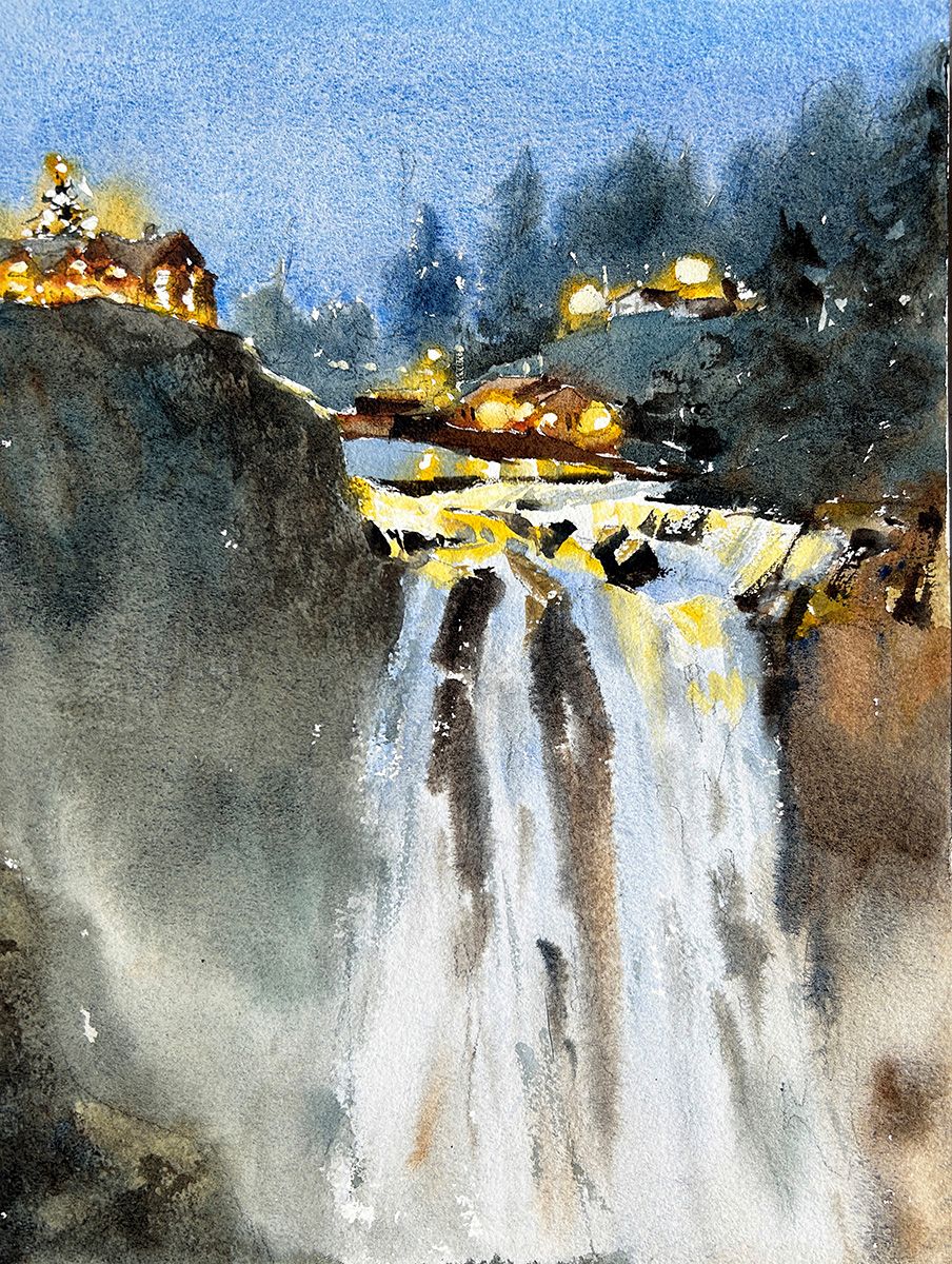 Ina Xi -Snoqualmie Falls in Winter, Original Watercolor, 11"x14" framed