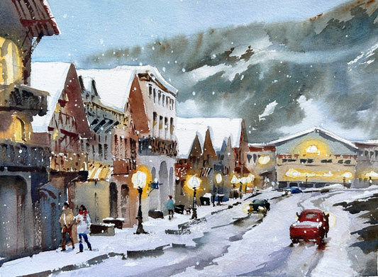 Prints available, original ***SOLD*** Ina Xi - Snowy Morning in Leavenworth, Original Watercolor, 10x14  (12.5x16.5 framed)