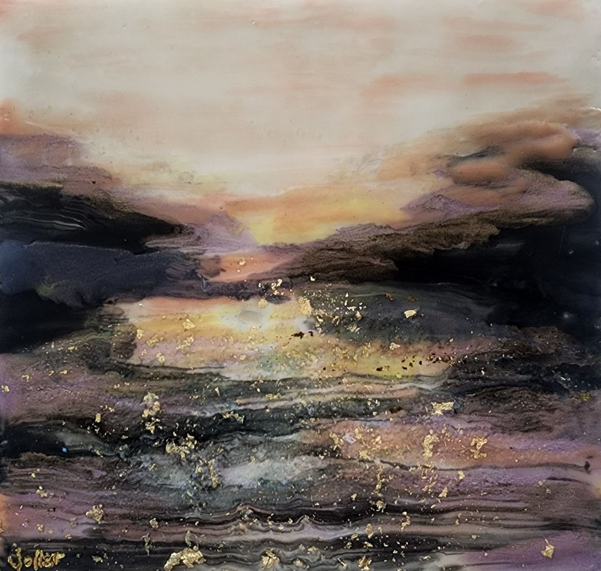 Carrie Goller - Stormy, Mixed Media - Oil/Encaustic with Metal Leaf, 5.5 x 5.5