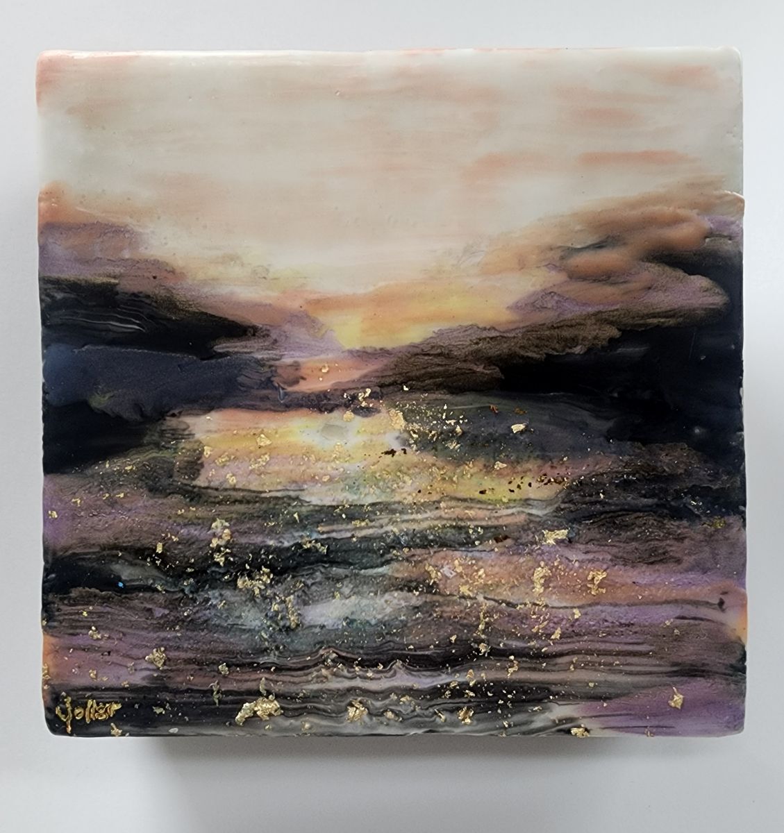 Carrie Goller - Stormy, Mixed Media - Oil/Encaustic with Metal Leaf, 5.5 x 5.5