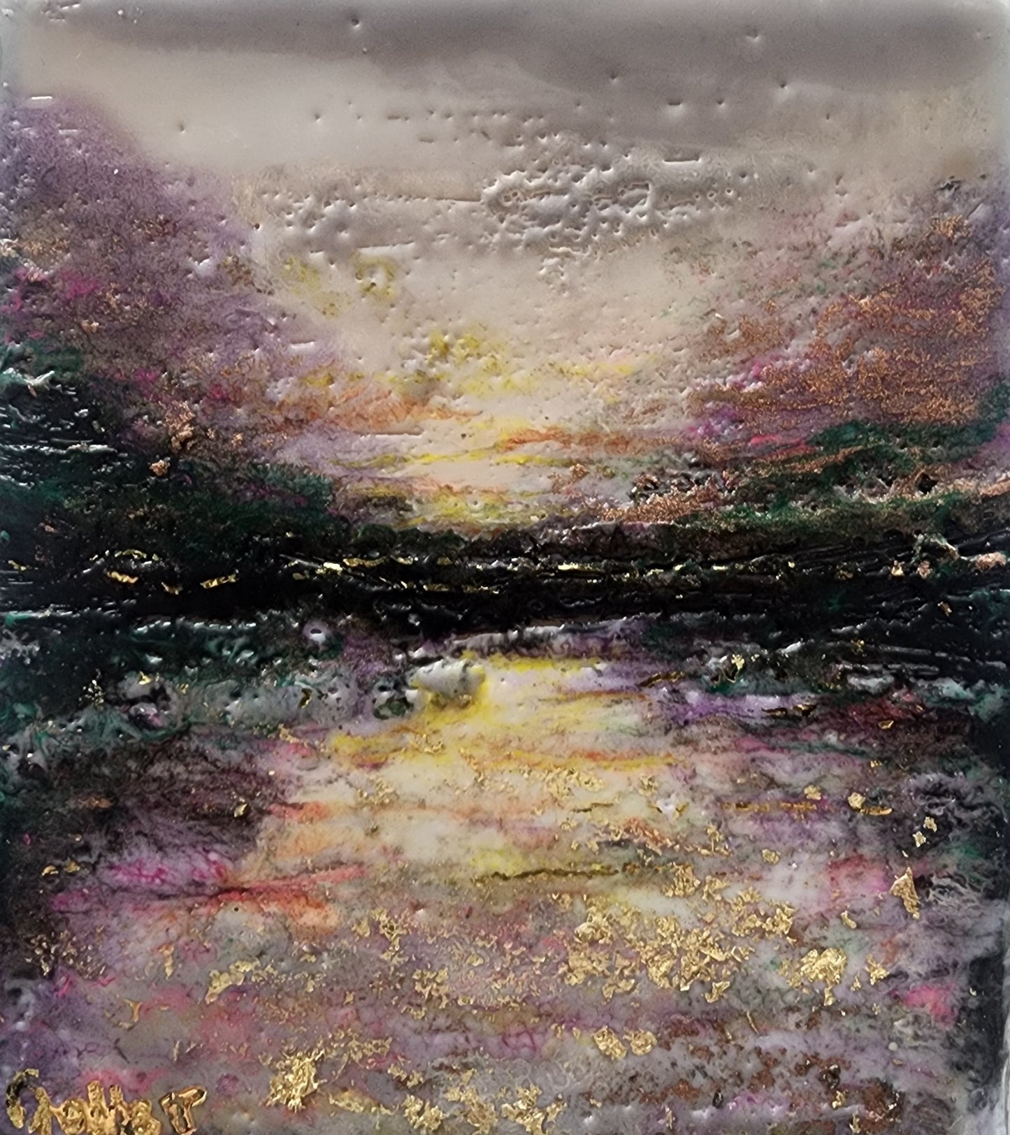 Carrie Goller - Stormy II, Mixed Media - Oil/Encaustic with Metal Leaf, 4 x 3.25