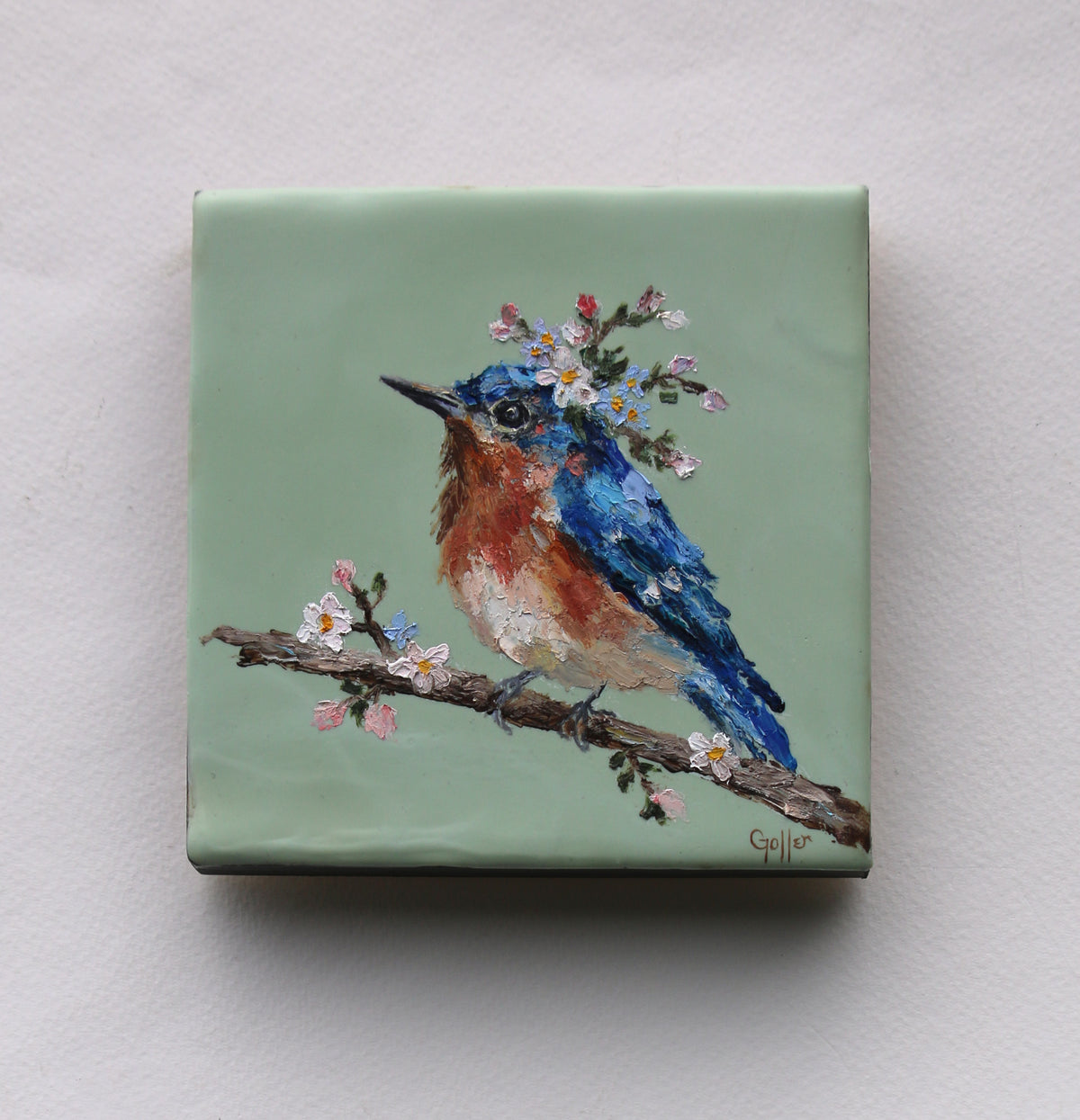 CARRIE GOLLER - Floriferous Bird Study 12 (Floriferous Collection), Mixed Media Oil/Encaustic, 5 x 5 (framed)