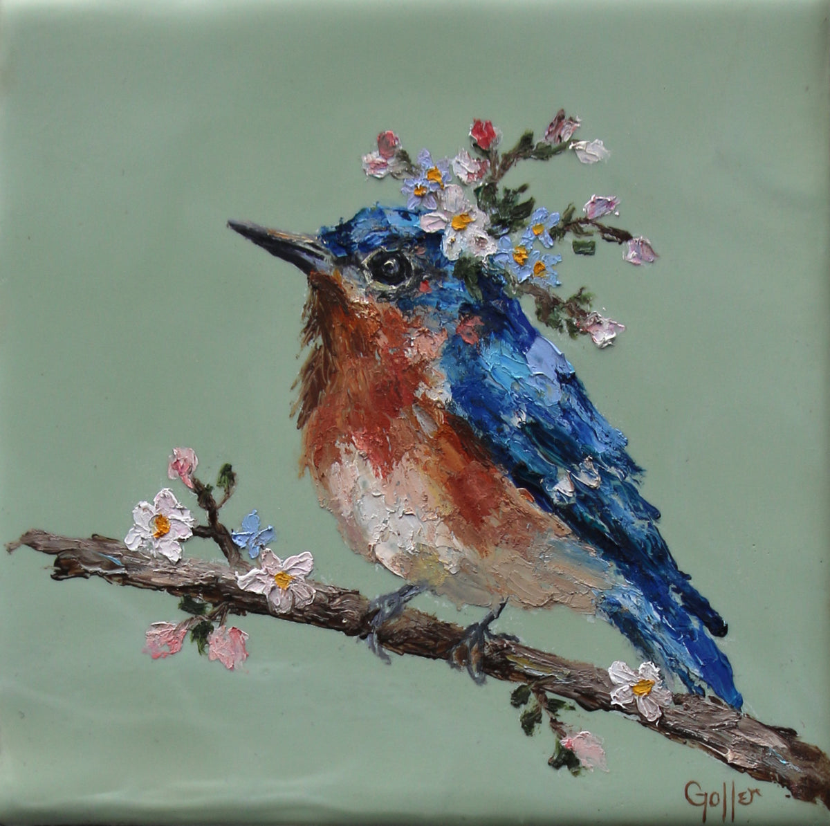 CARRIE GOLLER - Floriferous Bird Study 12 (Floriferous Collection), Mixed Media Oil/Encaustic, 5 x 5 (framed)