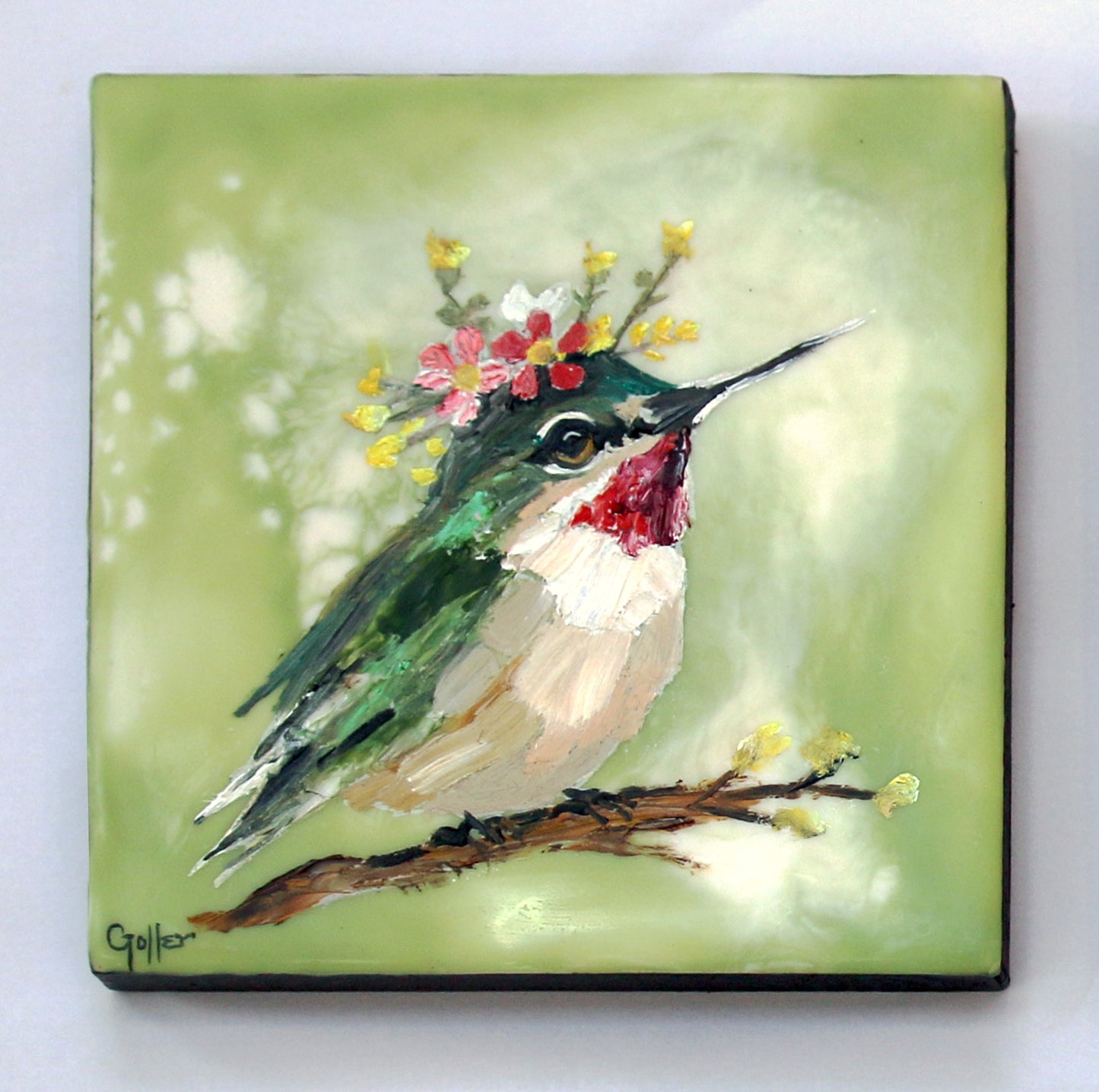 CARRIE GOLLER - Floriferous Bird Study 1 (Floriferous Collection), Mixed Media Oil/Encaustic, 5 x 5 ***At Abend Gallery, Denver, CO please inquire at (303) 355-0950***