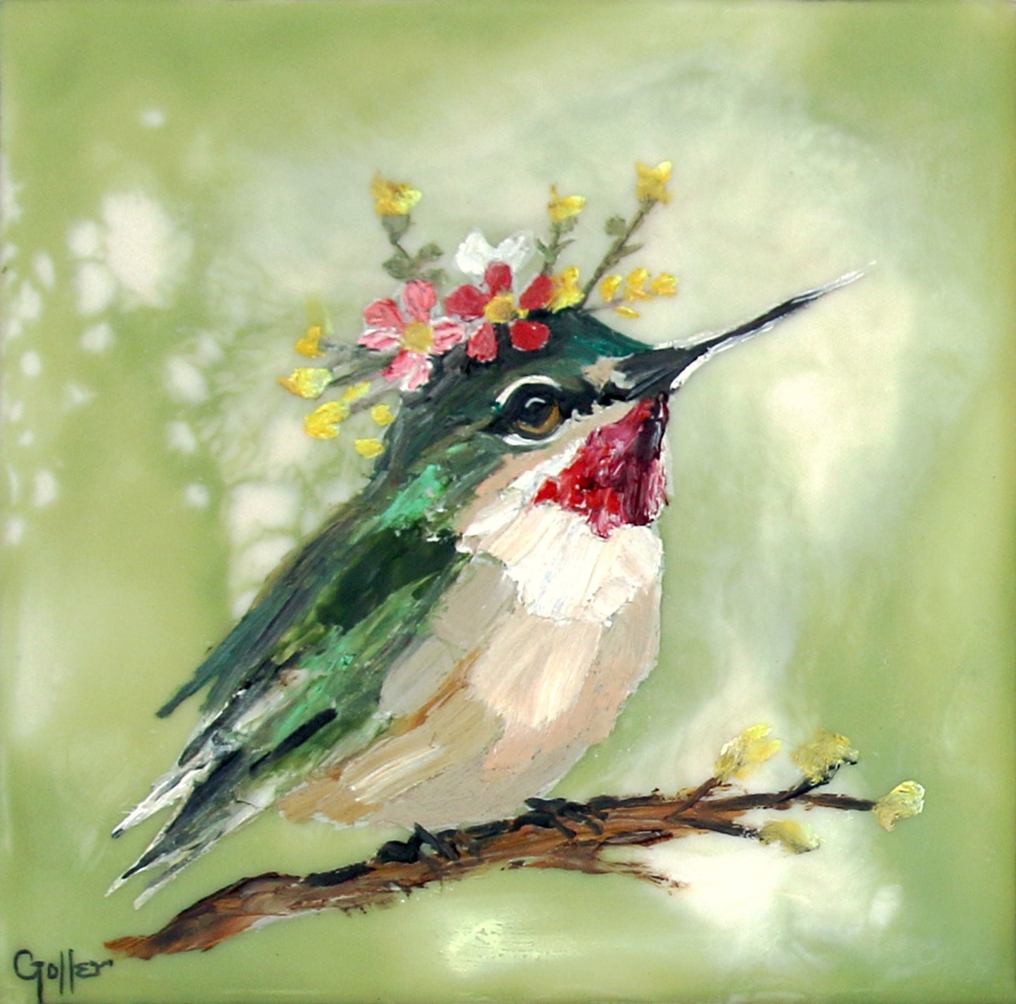CARRIE GOLLER - Floriferous Bird Study 1 (Floriferous Collection), Mixed Media Oil/Encaustic, 5 x 5 ***At Abend Gallery, Denver, CO please inquire at (303) 355-0950***