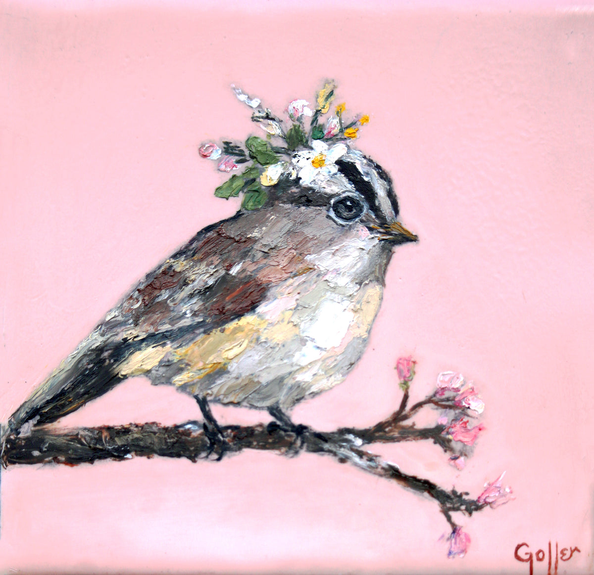 CARRIE GOLLER - Floriferous Bird Study 8 (Floriferous Collection), Mixed Media Oil/Encaustic, 5 x 5 (framed)