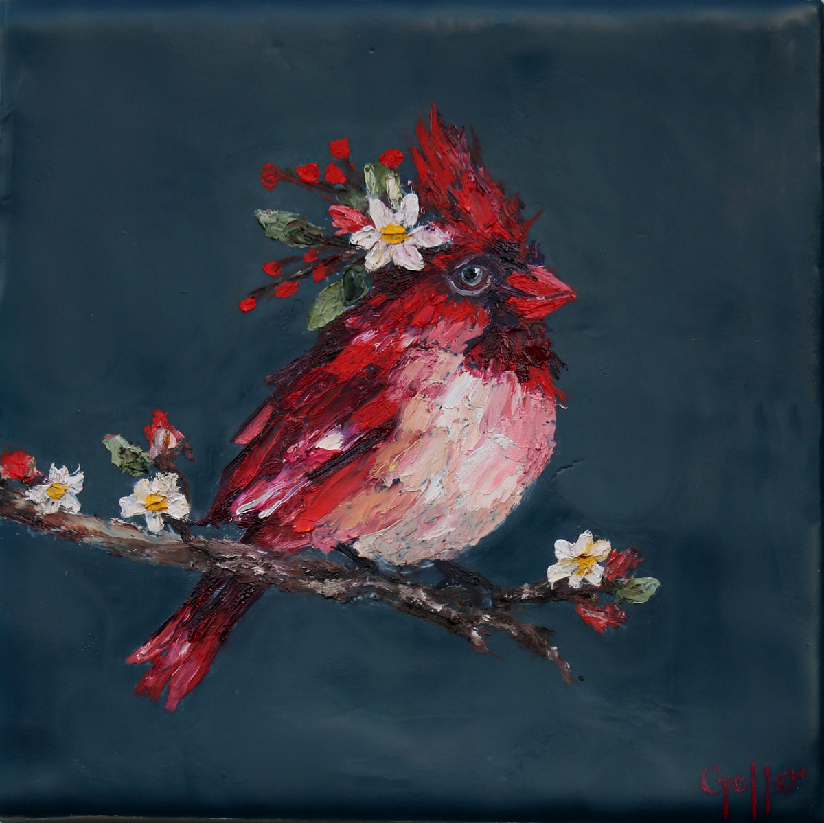 CARRIE GOLLER - Floriferous Bird Study 10 (Floriferous Collection), Mixed Media Oil/Encaustic, 5 x 5 (framed)