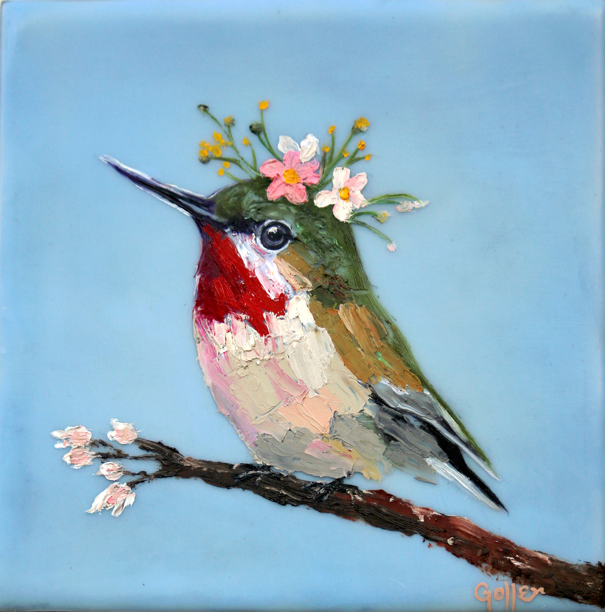 CARRIE GOLLER - Floriferous Bird Study 11 (Floriferous Collection), Mixed Media Oil/Encaustic, 5 x 5 (framed)