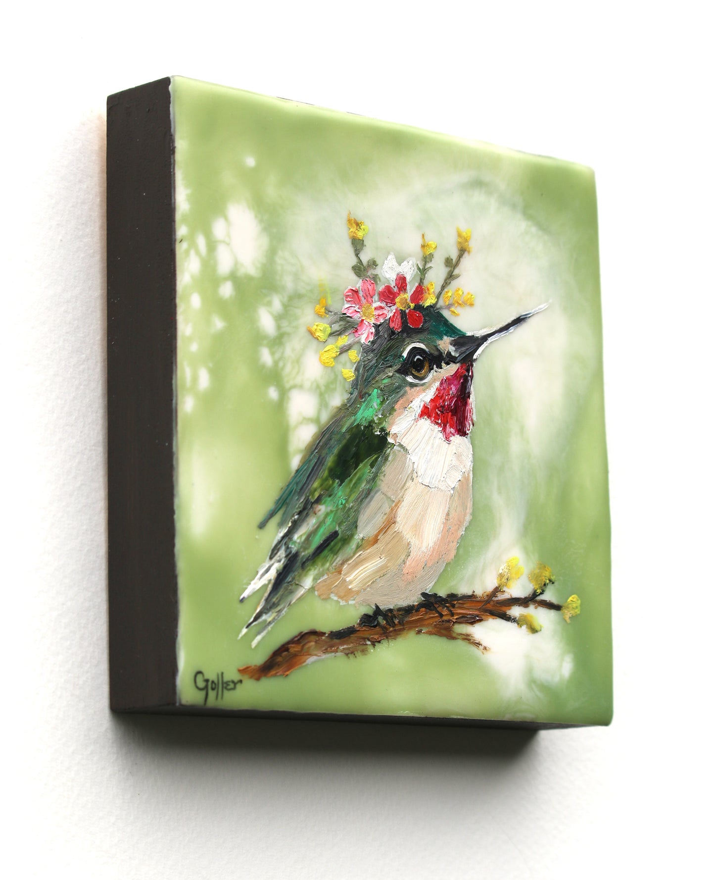 CARRIE GOLLER - Floriferous Bird Study 1 (Floriferous Collection), Mixed Media Oil/Encaustic, 5 x 5 ***At Abend Gallery, Denver, CO please inquire at (303) 355-0950***