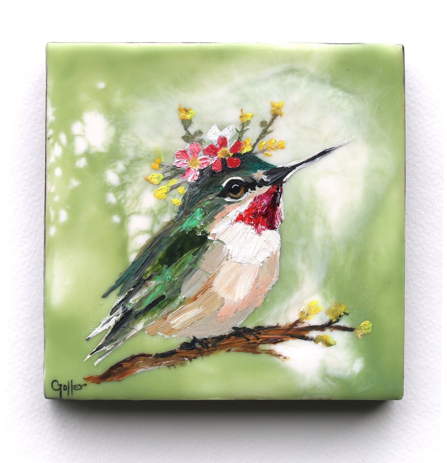 CARRIE GOLLER - Floriferous Bird Study 1 (Floriferous Collection), Mixed Media Oil/Encaustic, 5 x 5 ***At Abend Gallery, Denver, CO please inquire at (303) 355-0950***