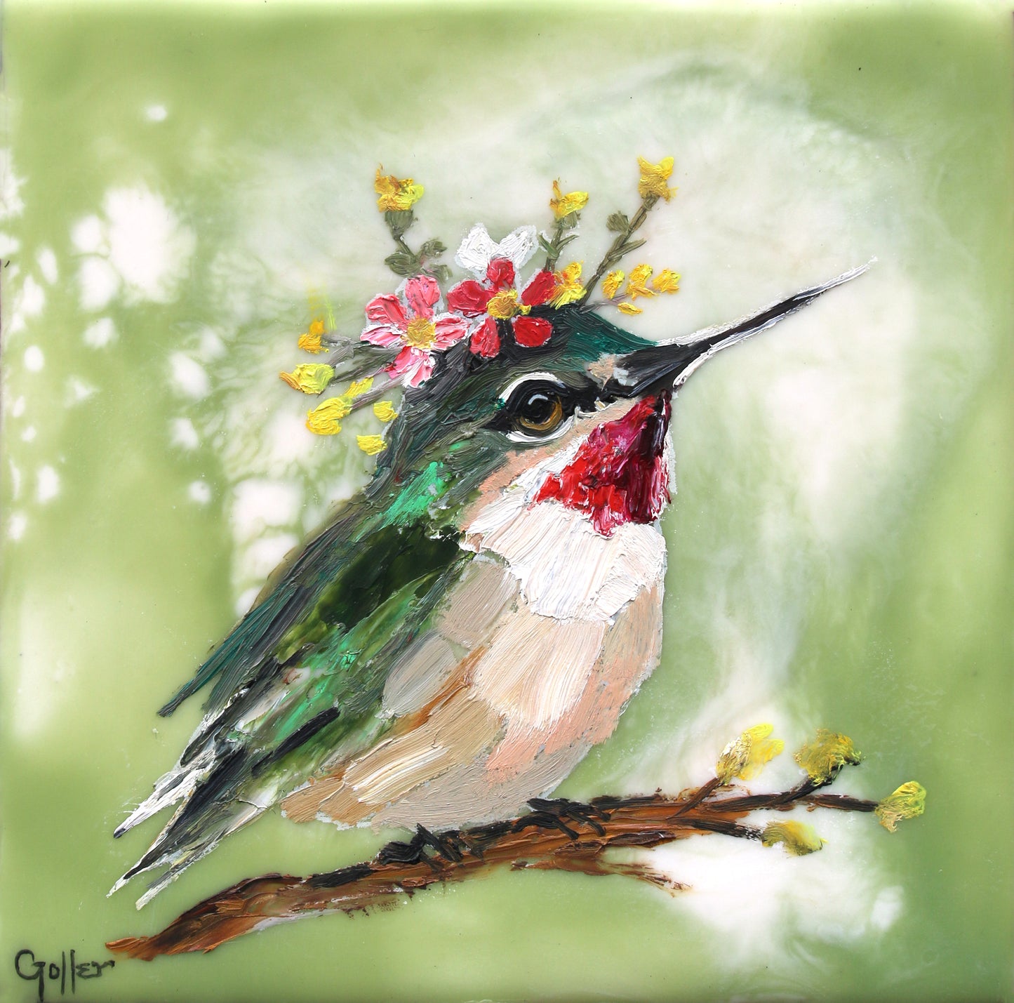 CARRIE GOLLER - Floriferous Bird Study 1 (Floriferous Collection), Mixed Media Oil/Encaustic, 5 x 5 ***At Abend Gallery, Denver, CO please inquire at (303) 355-0950***