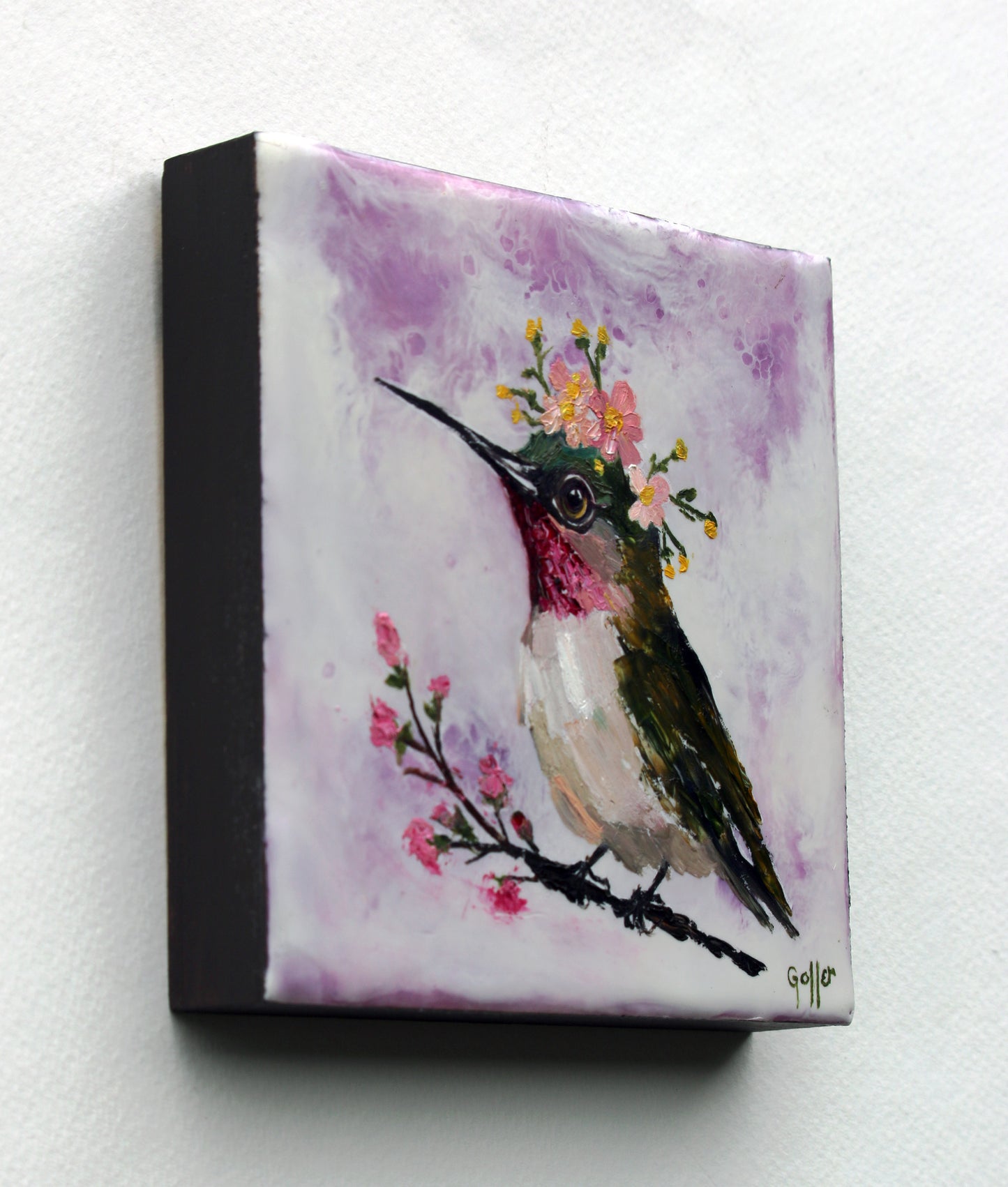 CARRIE GOLLER - Floriferous Bird Study 2 (Floriferous Collection), Mixed Media Oil/Encaustic, 5 x 5 ***At Abend Gallery, Denver, CO please inquire at (303) 355-0950***