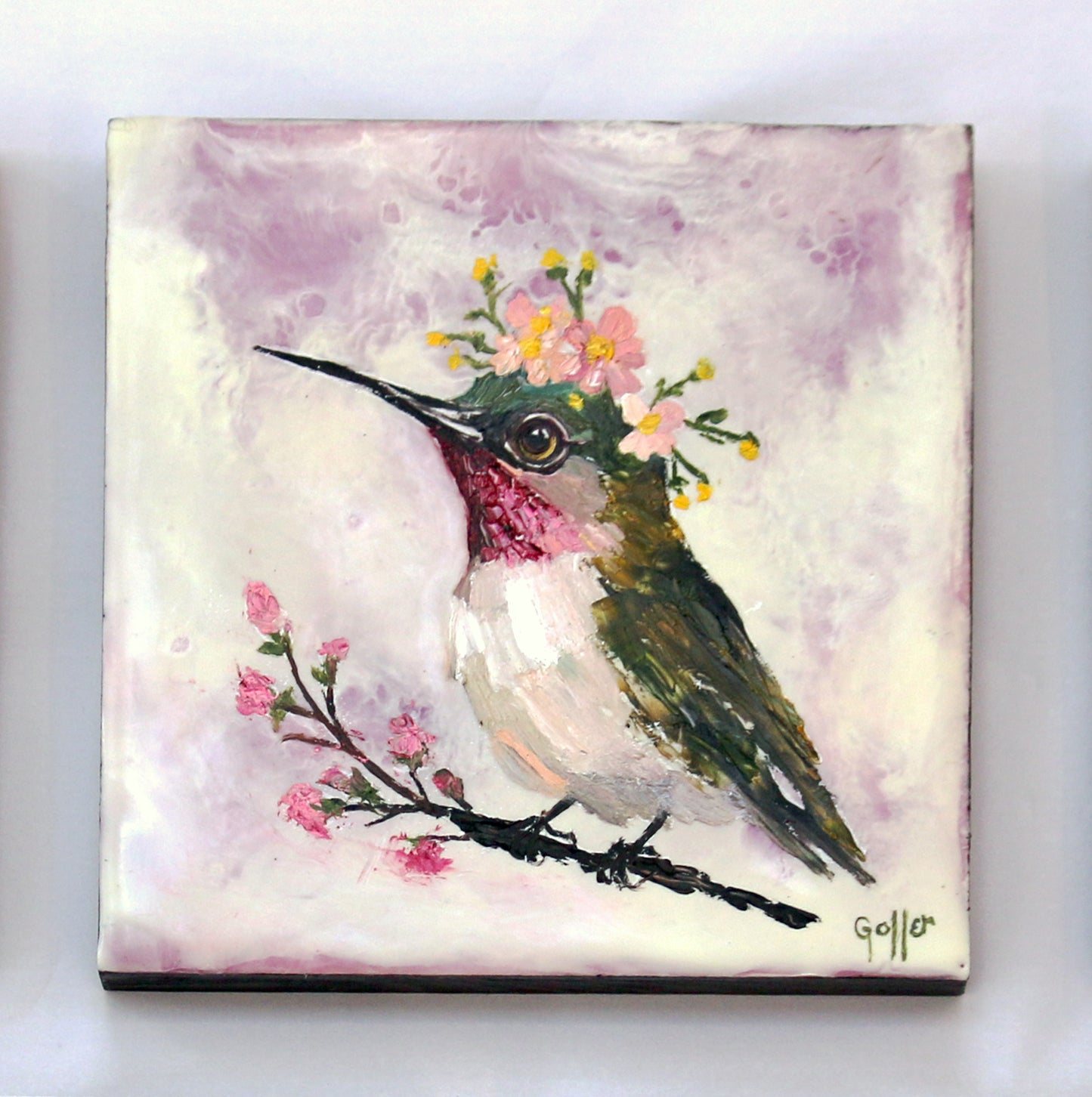 CARRIE GOLLER - Floriferous Bird Study 2 (Floriferous Collection), Mixed Media Oil/Encaustic, 5 x 5 ***At Abend Gallery, Denver, CO please inquire at (303) 355-0950***