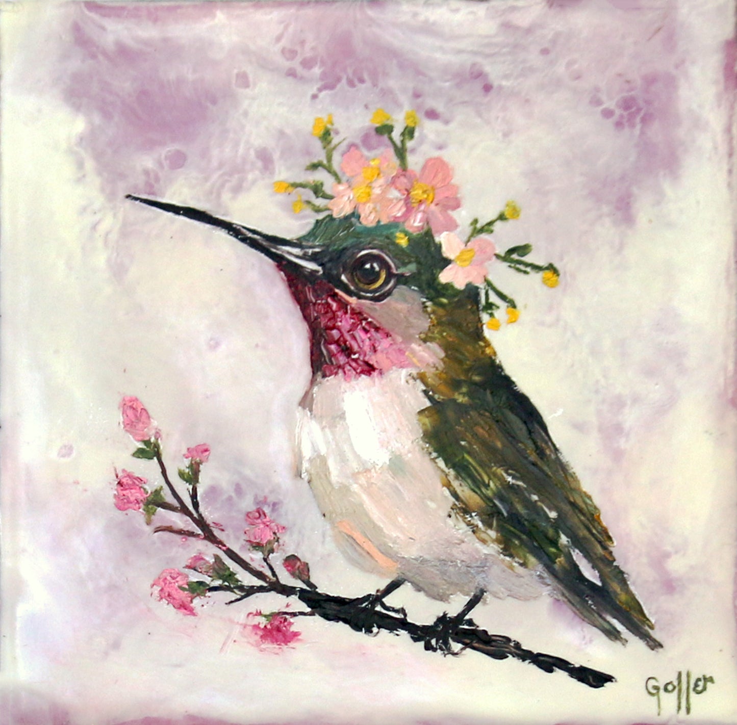 CARRIE GOLLER - Floriferous Bird Study 2 (Floriferous Collection), Mixed Media Oil/Encaustic, 5 x 5 ***At Abend Gallery, Denver, CO please inquire at (303) 355-0950***