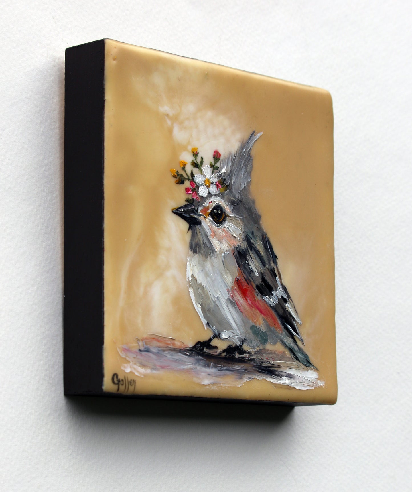 CARRIE GOLLER - Floriferous Bird Study 3 (Floriferous Collection), Mixed Media Oil/Encaustic, 5 x 5 ***At Abend Gallery, Denver, CO please inquire at (303) 355-0950***