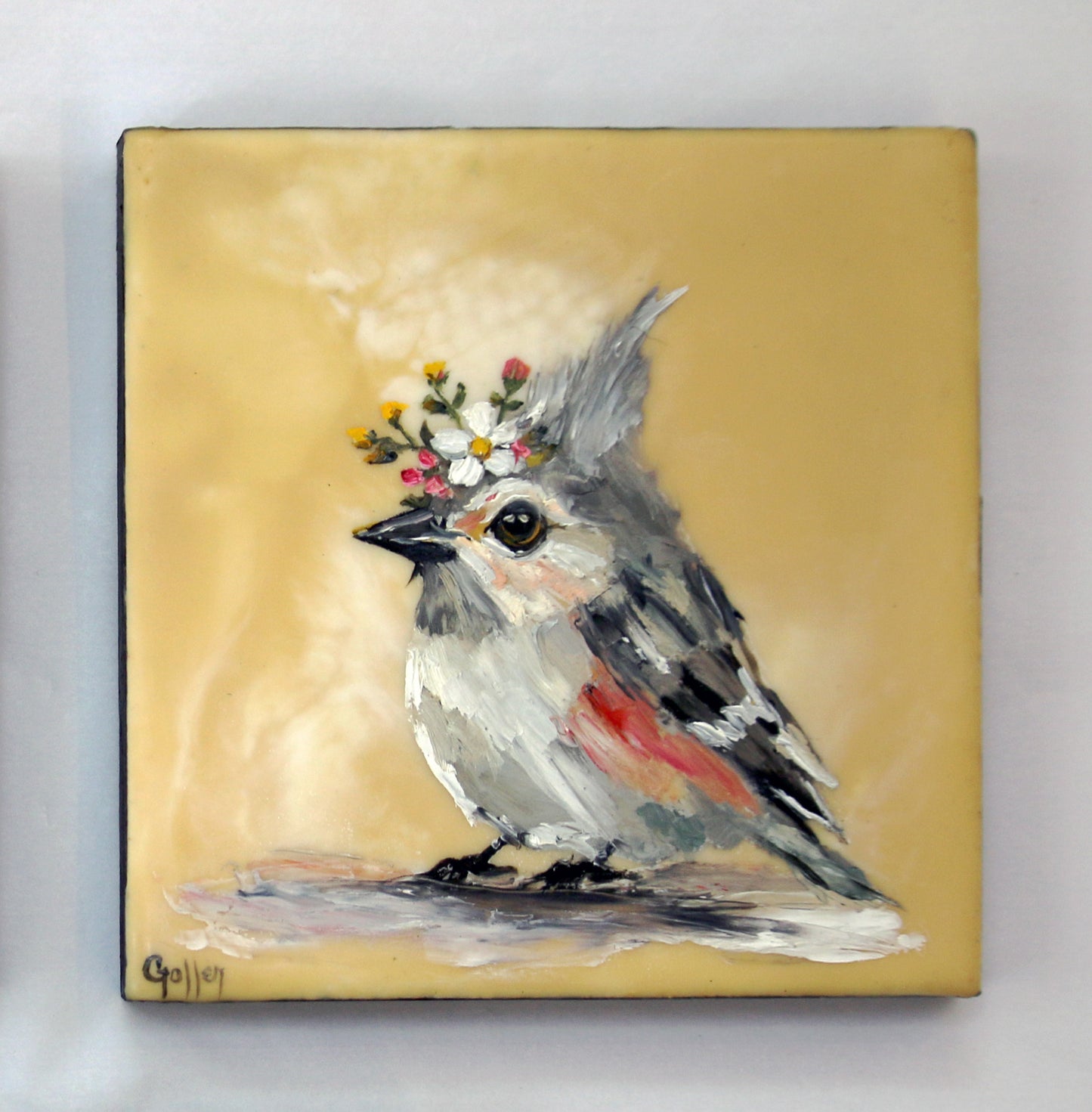 CARRIE GOLLER - Floriferous Bird Study 3 (Floriferous Collection), Mixed Media Oil/Encaustic, 5 x 5 ***At Abend Gallery, Denver, CO please inquire at (303) 355-0950***