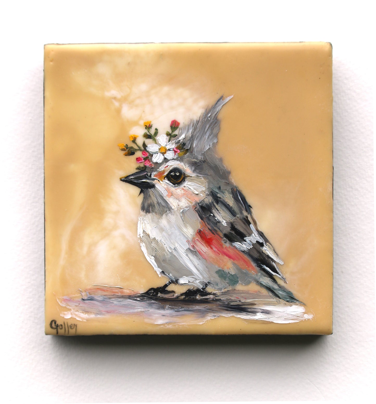 CARRIE GOLLER - Floriferous Bird Study 3 (Floriferous Collection), Mixed Media Oil/Encaustic, 5 x 5 ***At Abend Gallery, Denver, CO please inquire at (303) 355-0950***